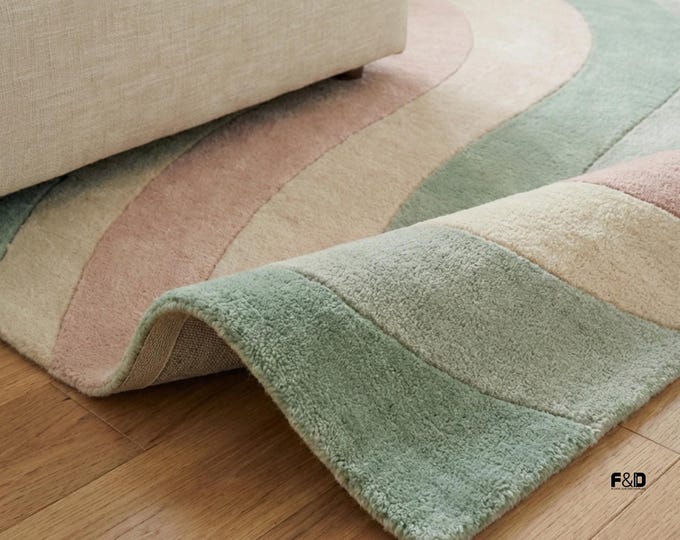 Pastel Wave Rug, Sage Green and Pink Area Rug, Hand Tufted Wool Carpet, Modern Abstract Living Room Decor, Scandi Nursery Rug, Custom Size