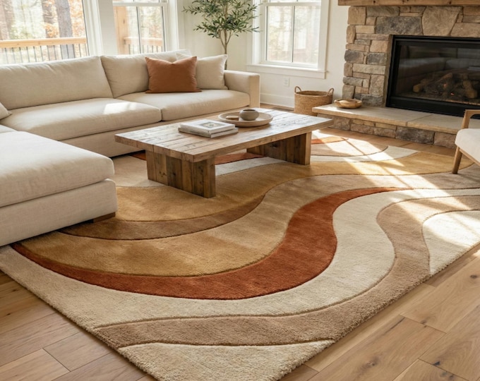 Mid Century Modern Wavy Area Rug | Earth Tone Retro 70s Swirl Rug | Terracotta, Cream & Beige Abstract Boho Tufted Rug for Living Room