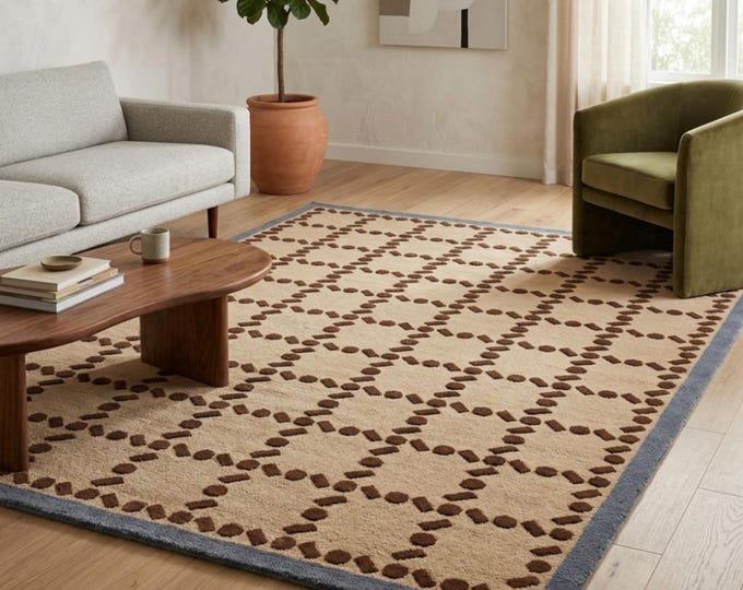 Geometric Hand Tufted Wool Rug | 9x12ft Beige & Brown Boho Area Rug with Blue Border | Artisanal Deep Texture Custom Carpet for Living Room