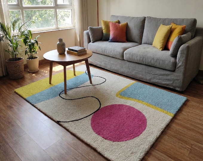 Colorful Abstract Geometric Area Rug | Bauhaus Style Loop Pile Carpet for Living Room | Funky Modern Decor Pink Blue Yellow | Playroom Rug