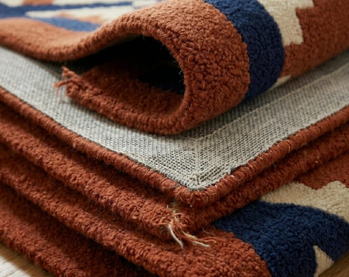 Southwestern Geometric Rug | Rust & Navy Blue Area Rug | Hand-Tufted Wool Carpet | Tribal Boho Living Room Decor | Navajo Style Floor Mat