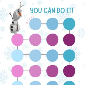 May include: A printable Frozen-themed reward chart with a blue, pink and purple colour scheme. The chart features Olaf the snowman and Queen Elsa. The chart has the text "You Can Do It!" and "You Did It!" and a space for "My Reward:".