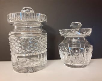 Lot of 2 Waterford crystal jam jars with lids