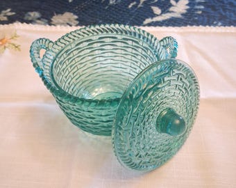 Vintage Turquoise/ Teal Lidded Glass Container, Basket Weave