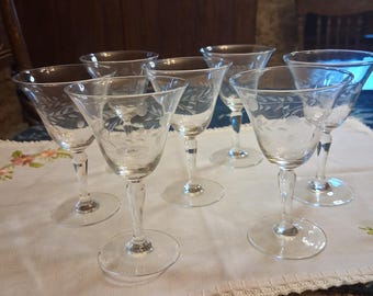 Vintage Etched Cordial Glasses, 'Olive Branch' Pattern, Set of 7