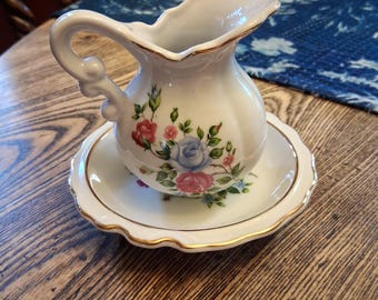 Vintage Small Porcelain Pitcher and Saucer, Handpainted Roses and Gold Trim