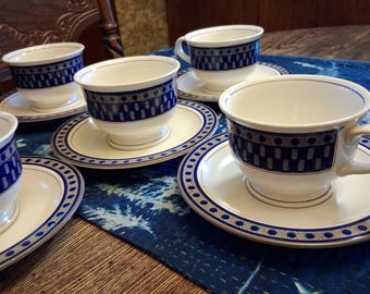 Mikasa Potter's Touch Aztec Blue Stoneware Footed Cups With Saucers (CB009), Set of 5