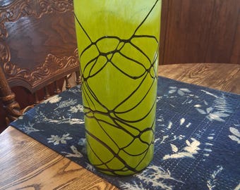 Chartreuse Art Glass Vase With Wrapped Black Thread Pattern