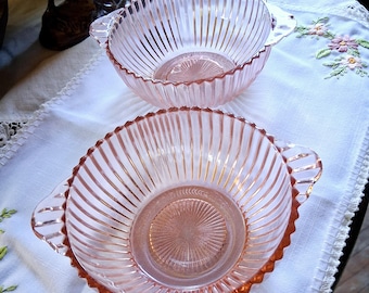 Vintage Anchor Hocking Glass Bowls, Queen Mary Pattern, Pink Depression Glass