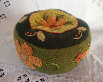 Moss greens and Apricot pincushion