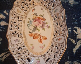 RW Bavaria Reticulated Serving Dish, Dresden Floral, 1930s