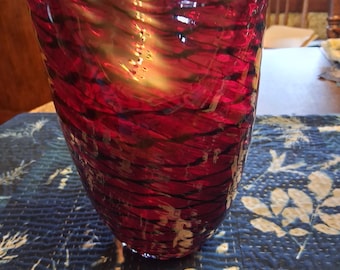 Deep Red and Black  Art Glass Vase