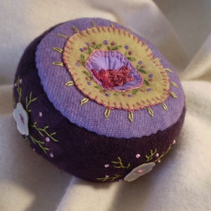 Deep Purple Pincushion with Shell Buttons