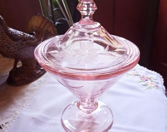 Antique Lancaster Glass Candy Dish, Pink Depression Glass With Lid