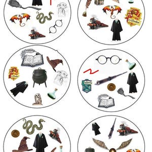 May include: A collection of circular illustrations featuring various elements from a fantasy theme. Each circle contains drawings of a robe, a snake, a dragon, a broom, glasses, a train, a cauldron, an owl, a feather, and other related items.
