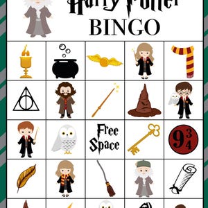 Pode incluir: Um cartão de bingo temático de Harry Potter com imagens de personagens, objetos e símbolos dos livros e filmes. O cartão tem um espaço livre no centro e está pronto para ser jogado.