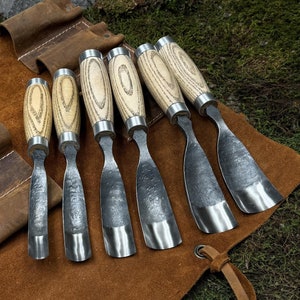 Set of 6 Wood Carving Gouge with Leather Case. Spoon Carving Bent Gouges. Bowls Carving Gouges. Woodworking. Hand Forged Tools. Steel 52100.