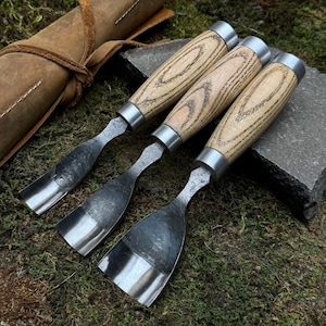 Set of 3 Bent Gouge with Leather Case. Spoon Carving Tools. Woodworking Gouges for Beginner and Professional. Hand Forged Tools. Steel 52100