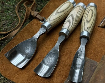 Bent Gouges with Leather Case. Spoon Carving Tools. Woodworking Gouges for Beginner and Professional. Hand Forged Tools. Carbon Steel 52100.