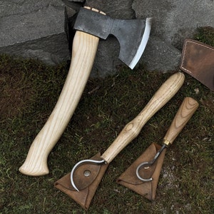 Set of 3 Wood Carving Tool with Leather Cases. Hook Knives. Carving Axe. Woodworking. Spoon Carving Tools. Hand Forged. Carbon Steel 52100.