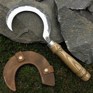 Small Sickle with Leather Case. Gardening Tools. Sickle for Harvesting. Clearing Overgrowth. Boline. Hand Forged Sickle. Carbon Steel 52100.