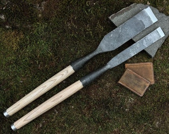 Framing Timber Chisels with Leather Cases. Straight Chisels for Woodworker. Slick Chisels. Woodworking. Hand Forged Tool. Carbon Steel 52100