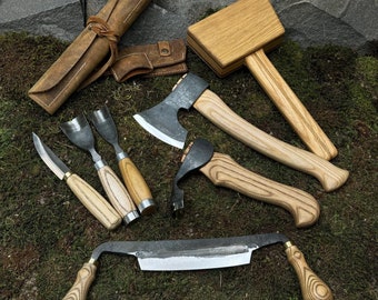 Set of 7 Woodworking Tools with Leather Cases. Bowls Carving Tools. Wood Carving Tools. Carpenter Tool. Hand Forged Tool. Carbon Steel 52100