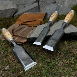 3-Piece Wood Carving Chisel Set with Leather Case. Bevel Edge Tools. Carpentry Tools. Timber Chisel. Hand Forged Chisels. Carbon Steel 52100