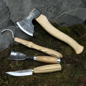 4-Piece Set of Bowl Carving Tool with Leather Cases. Woodworking. Axe, Gouge and Knives. Wood Carving Tools. Hand Forged. Carbon Steel 52100