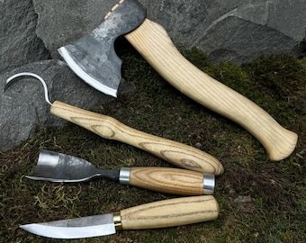 4-Piece Set of Bowl Carving Tool with Leather Cases. Woodworking. Axe, Gouge and Knives. Wood Carving Tools. Hand Forged. Carbon Steel 52100