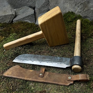 Splitting Froe and Wooden Mallet with Leather Case. Set for Splitting Firewood. Woodworking Tools. Hand Forged Tools. Carbon Steel 52100.