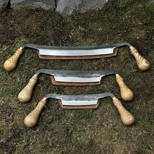 Carpentry Drawknives with Leather Cases. Two-Handed Spoon Cutter Knives. Woodworking Tools. Refining Wood. Hand Forged. Carbon Steel 52100.
