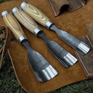 Set of 3 Wood Carving Gouge with Leather Case. Chisels for Woodworkers. Sculptural Carving Gouges. Hand Forged Tools. Carbon Steel 52100.