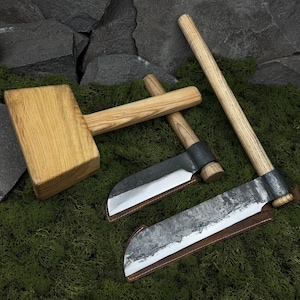 Set Splitting Froe and Wooden Mallet with Leather Cases. Tools for Splitting Firewood. Woodworking Tools. Hand Forged. Carbon Steel 52100