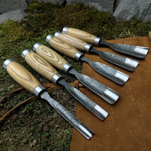 Set of 6 Wood Carving Gouge with Leather Case. Straight Rounded Gouges. Woodworking. Spoon Carving. Hand Forged Tools. Carbon Steel 52100.