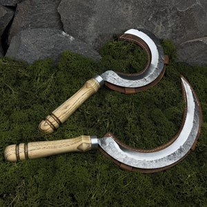 Garden Sickle Set 2 PCS with Leather Cases. Small and Large Sickles for Harvesting. Ritual Boline. Hand Forged Tools. Carbon Steel 52100