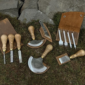 Set d'outils de travail du cuir 12 PCS avec étuis en cuir. Couper des couteaux en cuir. Outils de dépouillement. Couteaux à éclaircir. Forgé à la main. Acier 52100.