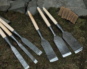 Set Timber Chisel 6-Piece with Leather Cases. Carpentry Tools. Slick Chisels. Woodworking Chisels. Hand Forged Tools. Carbon Steel 52100.