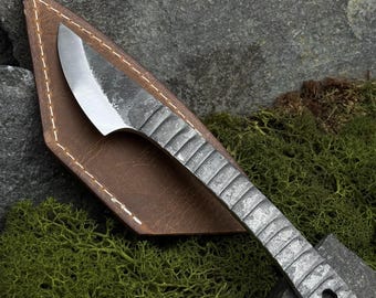 Japanese Kiridashi with Leather Case. Rounded Blade. Skinning Knife. Wood Carving Tool. Marking Kiridashi. Hand Forged. Carbon Steel 52100.