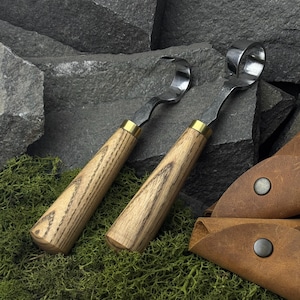 Carving Hook and Scorp Knives with Leather Cases. Spoon, Bowl Carving Knives. Wood Carving Knives. Hand Forged Tools. Carbon Steel 52100