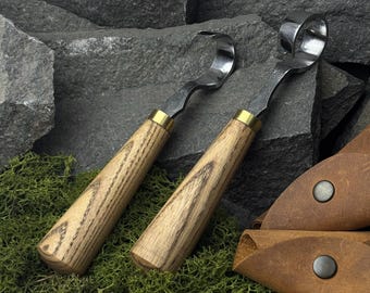 Carving Hook and Scorp Knives with Leather Cases. Spoon, Bowl Carving Knives. Wood Carving Knives. Hand Forged Tools. Carbon Steel 52100