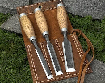 Wood Carving Chisels, Hand Forged Paring Tools, 52100 Carbon Steel, Beveled Blades