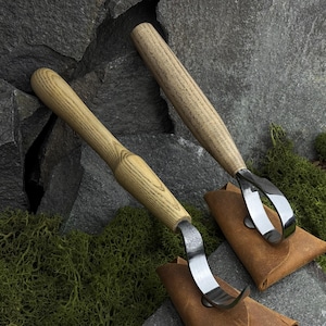 Set Spoon Carving Knife 2 PCS with Leather Cases. Hook and Scorp Knives. Bowl Carving Tools for Carvers. Hand Forged. Carbon Steel 52100