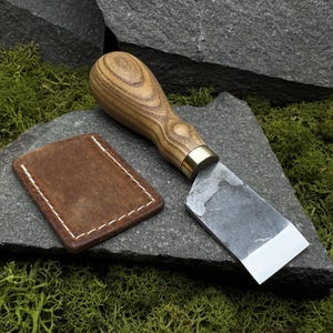 Leather Skiving Knife With Leather Case. Flat Knife. Leatherworking Tool. Straight Skinning Knife. Hand Forged Knife. Carbon 52100 Steel.