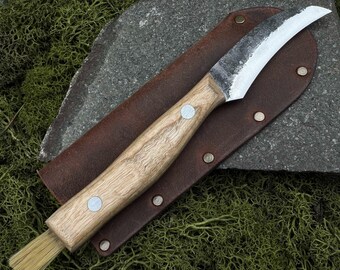 Pilzsammelmesser, Baumveredelungswerkzeug, Lederetui, handgeschmiedeter 52100 Kohlenstoffstahl