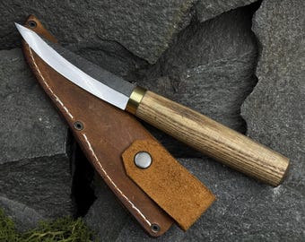 Sloyd Knife with Leather Case. Wood Carving Tool. Spoons, Cups, Carving Knife. Whittling Green Wood Knife. Hand Forged Carbon Steel Blade.