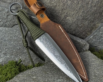 Hand Forged Throwing Knife, Unsharpened Steel Blade, Leather Case
