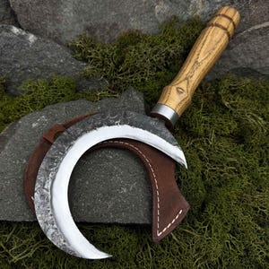 Small Crescent Sickle with Leather Case. Gardening Sickle. Clearing Overgrowth. Sickle for Harvesting. Hand Forged Tool. Carbon Steel 52100.