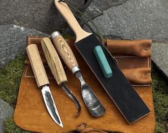 Spoon Carving Tool Set, Hand Forged Carbon Steel, Ash Handle, Beginner's Kit