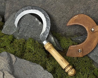 Hand Forged Garden Sickle, Carbon Steel Blade, Ash Handle, Leather Sheath, Father's Day Gift